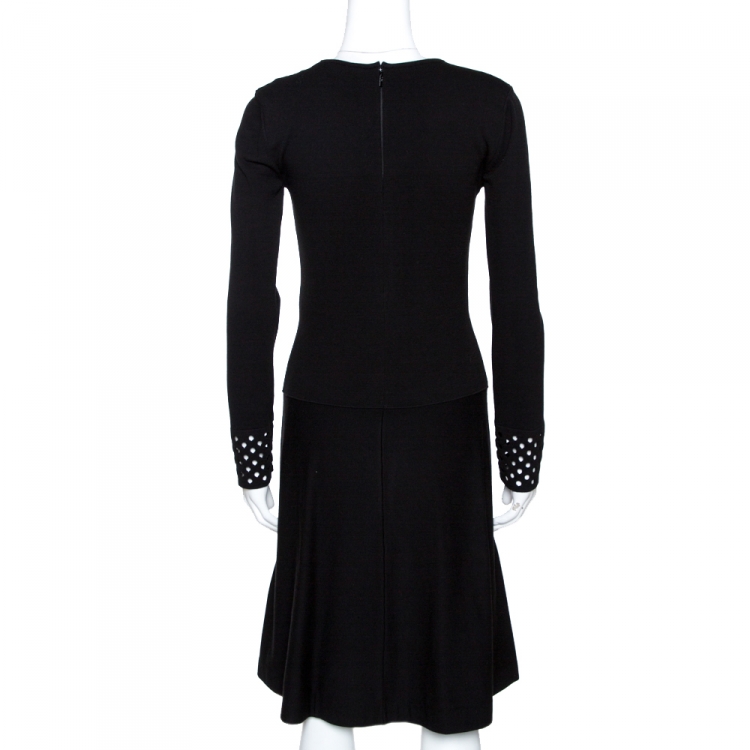 Pre Owned Fendi Black Stretch Knit Laser Cut Detail Flared Dress M