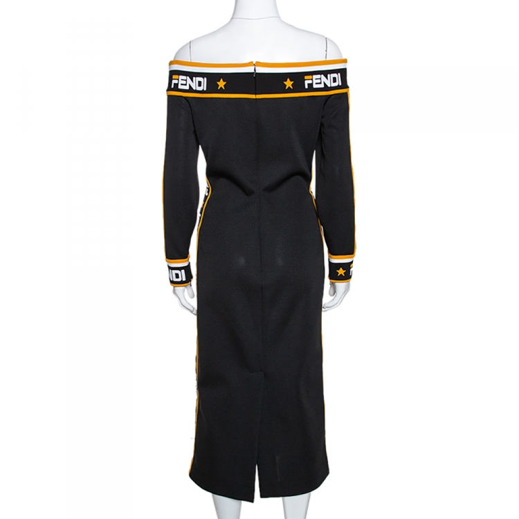 Pre Owned Fendi Black Stretch Knit Logo Trimmed Off Shoulder Midi Dress M