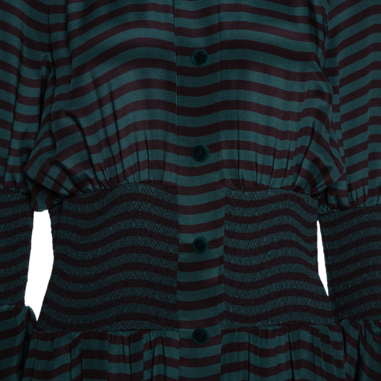مملوكة مسبقًا Fendi Dark Green & Black Silk Wavy Print Midi Dress M 