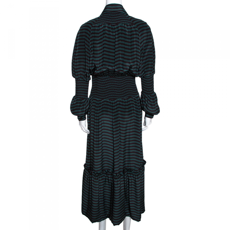مملوكة مسبقًا Fendi Dark Green & Black Silk Wavy Print Midi Dress M 
