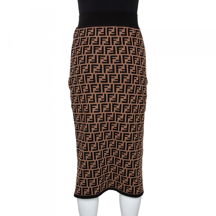 Pre Owned Fendi Brown Zucca Monogram Intarsia Knit Pencil Skirt S 
