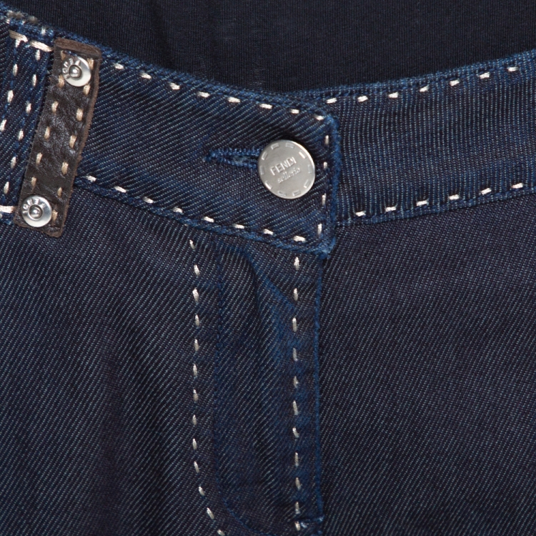 Pre Owned Fendi Indigo Denim & Leather Trim Straight Leg Jeans L