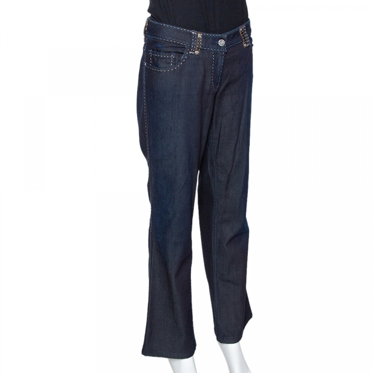 Pre Owned Fendi Indigo Denim & Leather Trim Straight Leg Jeans L