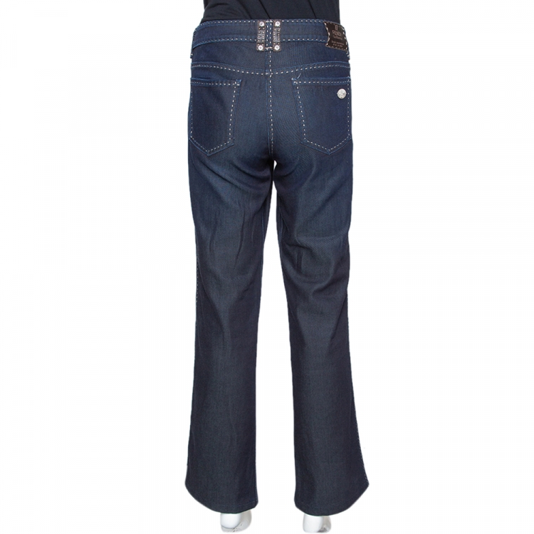 Pre Owned Fendi Indigo Denim & Leather Trim Straight Leg Jeans L
