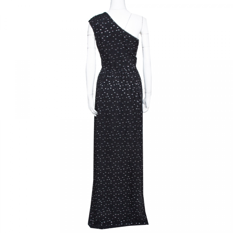 Pre Owned Fendi Black Textured Silk Metallic Speckled Effect One Shoulder Maxi Dress M