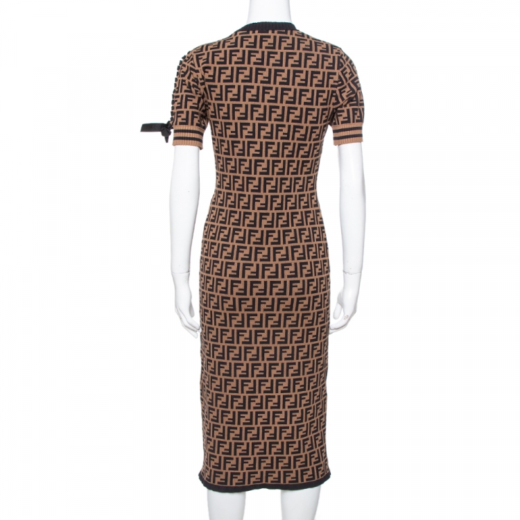 Pre Owned Fendi Brown Zucca Monogram Pattern Knit Fitted Dress S