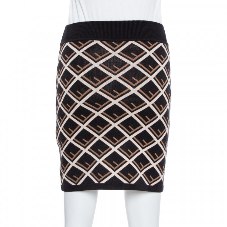 Pre Owned Fendi Black Monogram Pattern Knit Mini Skirt S