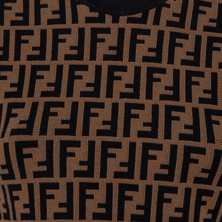 Pre Owned Fendi Brown Zucca Monogram Knit Tie Detail Crewneck Jumper S 