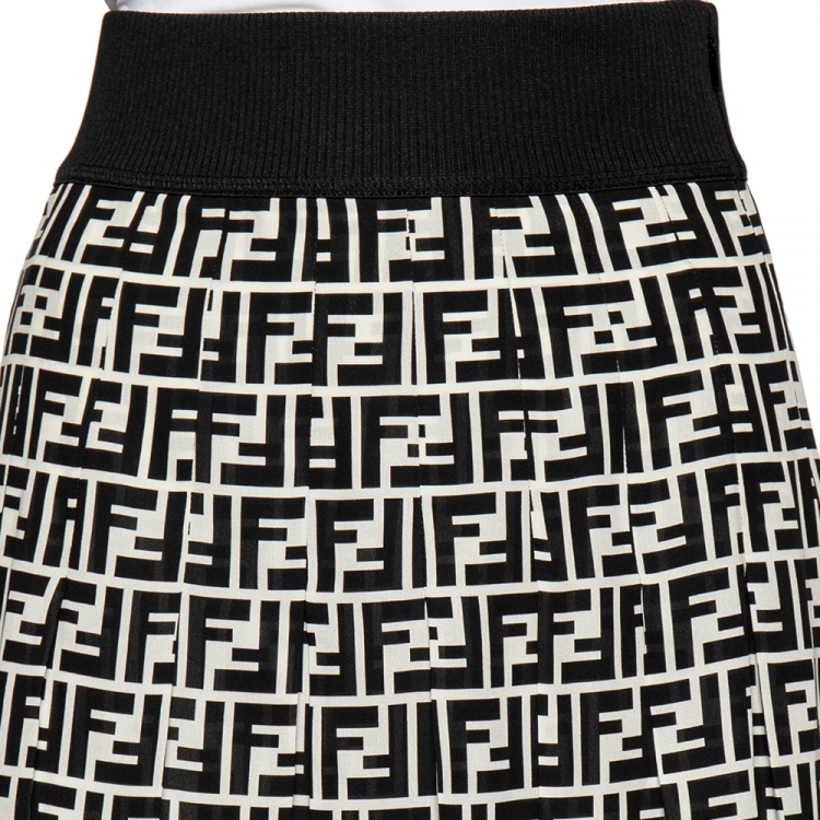 Pre Owned Fendi Monochrome Logo Printed Silk Elastic Waist Pleated Midi Skirt S