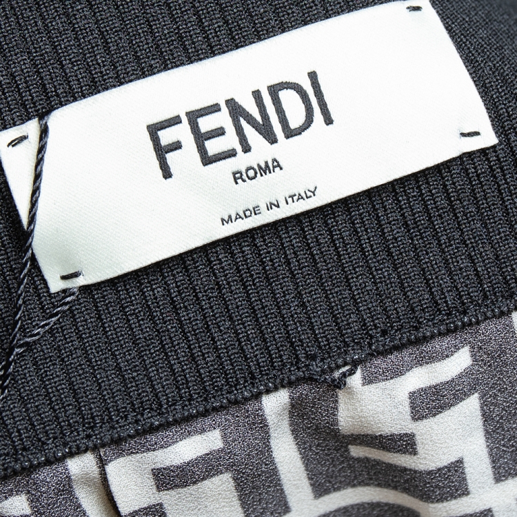 Pre Owned Fendi Monochrome Logo Printed Silk Elastic Waist Pleated Midi Skirt S