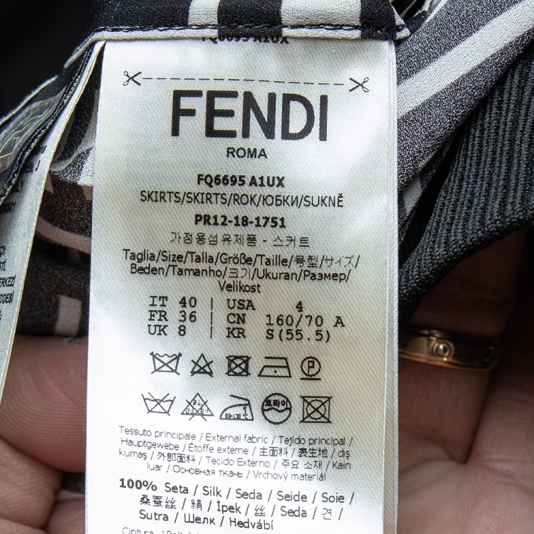 Pre Owned Fendi Monochrome Logo Printed Silk Elastic Waist Pleated Midi Skirt S