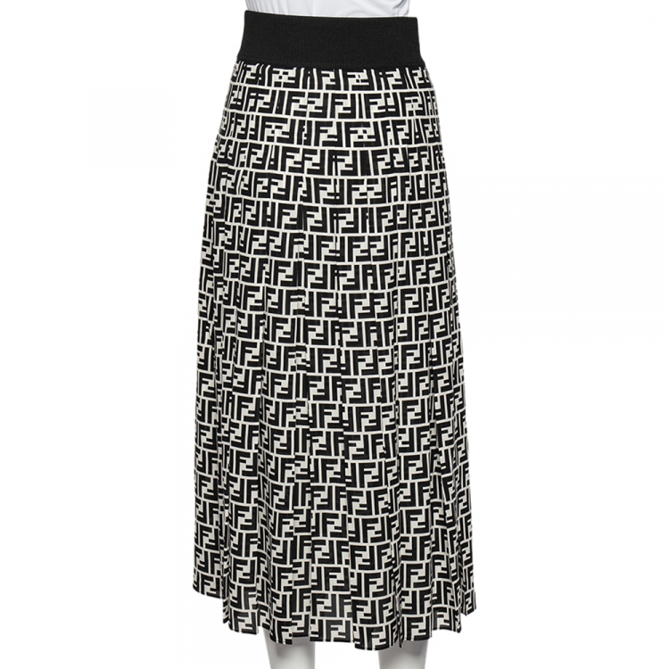 Pre Owned Fendi Monochrome Logo Printed Silk Elastic Waist Pleated Midi Skirt S