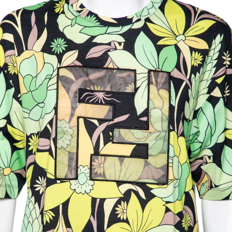 Pre Owned Fendi Multicolored Floral Printed Cotton FF Motif Detailed T-Shirt M 