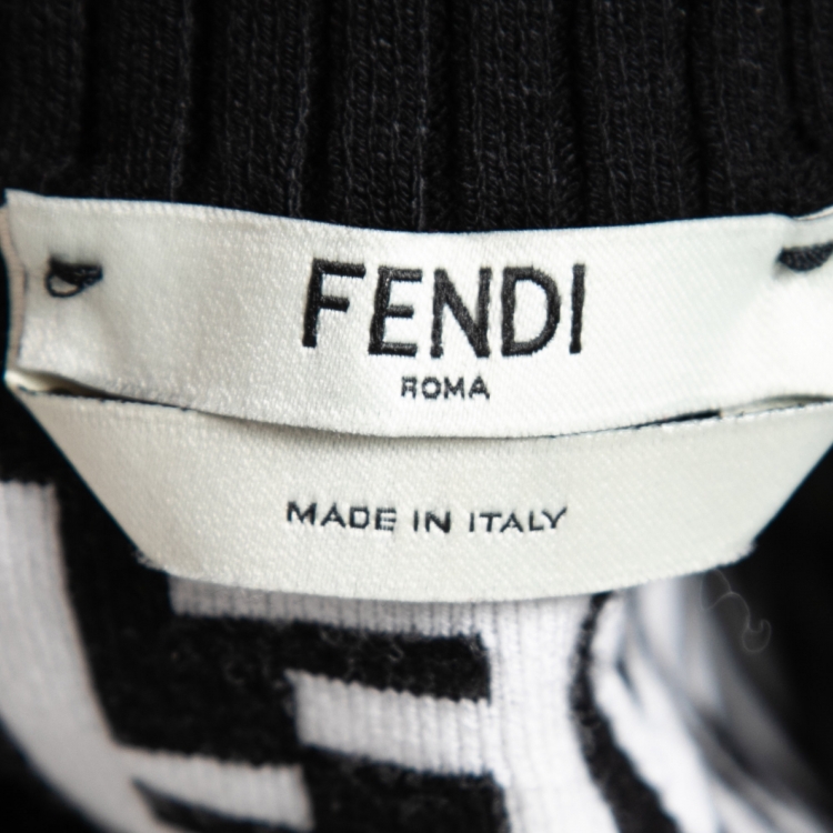 Pre Owned Fendi Monochrome Zucca Jacquard Rib Knit Trimmed Top XS