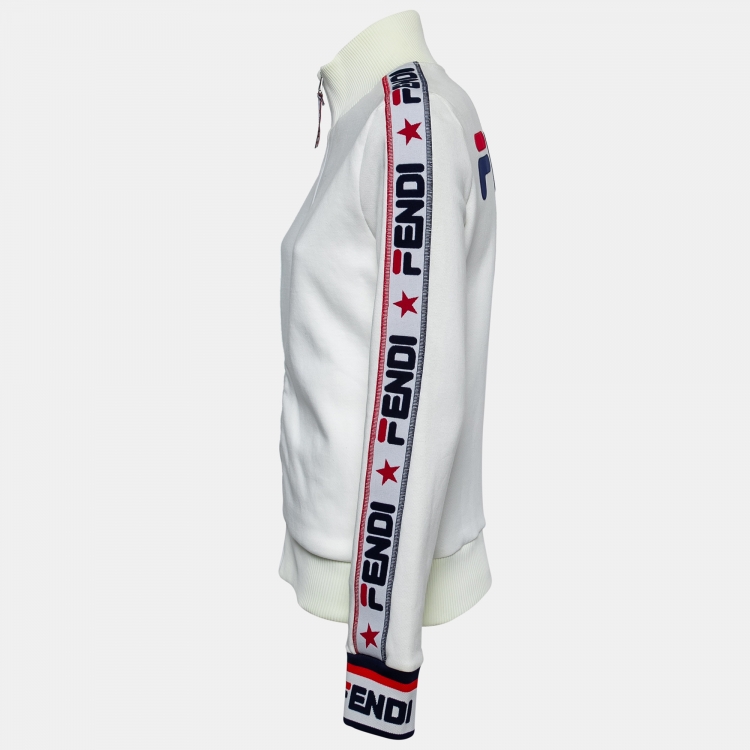 Pre Owned Fendi White Knit Logo Band Trim Zip-Up Track Jacket M