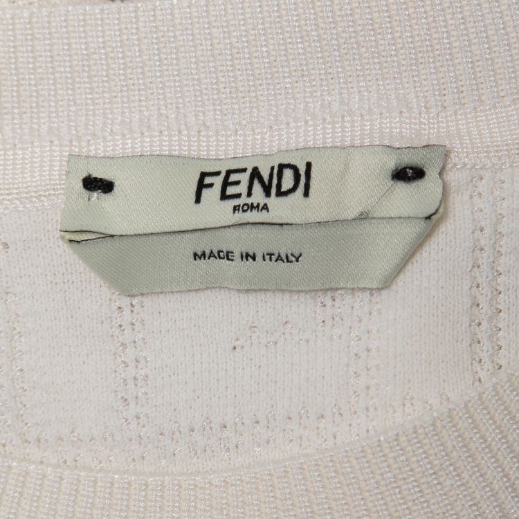 Pre Owned Fendi Off White Zucca Knit Crew Neck Half Sleeve Top S