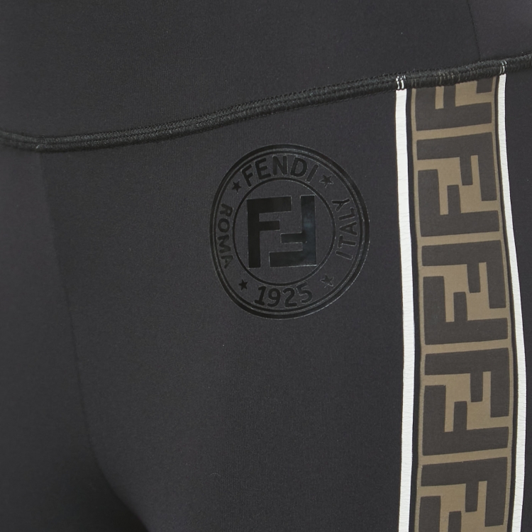 Pre Owned Fendi Black Logo Print Stretch Knit High Waist Leggings M