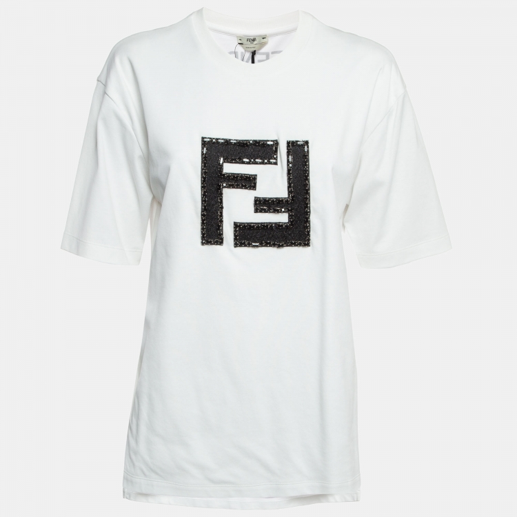مملوكة مسبقًا Fendi White Logo Embroidered Cotton Half Sleeve T-Shirt S