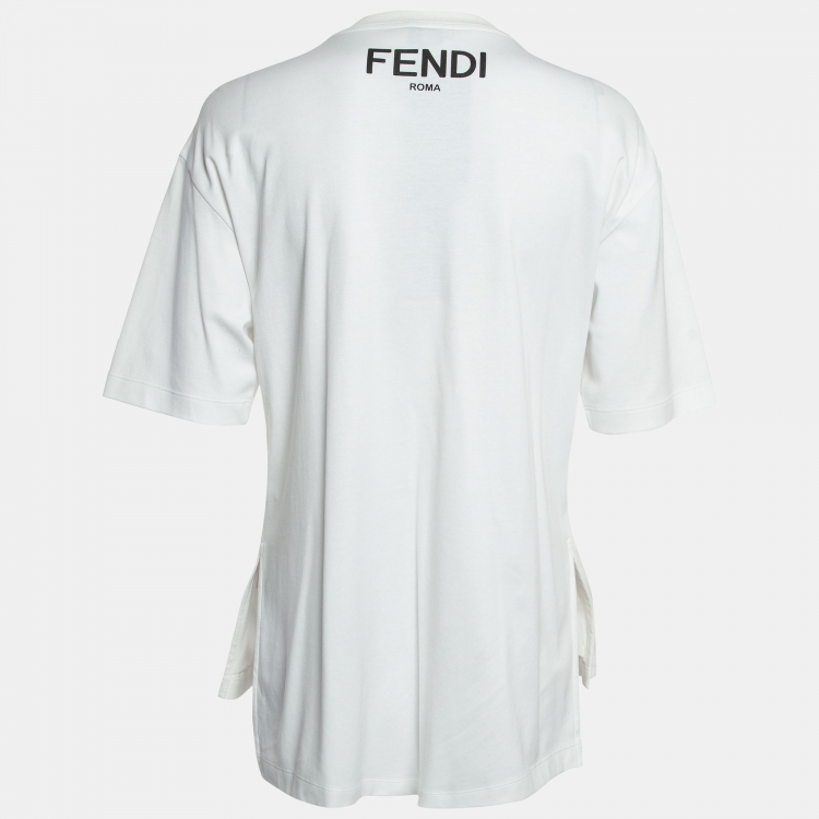 مملوكة مسبقًا Fendi White Logo Embroidered Cotton Half Sleeve T-Shirt S