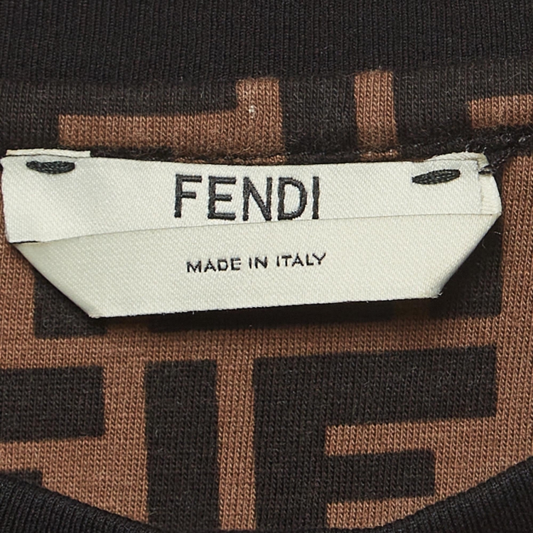 Pre Owned Fendi Brown Logo Printed Cotton Embroidered Crewneck T-Shirt M