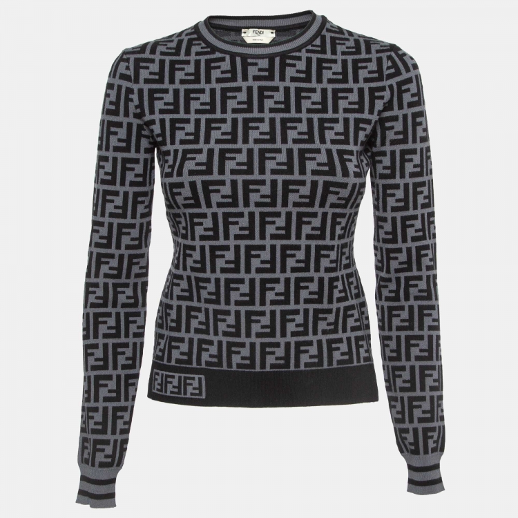 Pre Owned Fendi Grey/Black Monogram Knit Pullover S