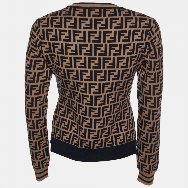 Pre Owned Fendi Brown Monogram Knit Crew Neck Sweater S