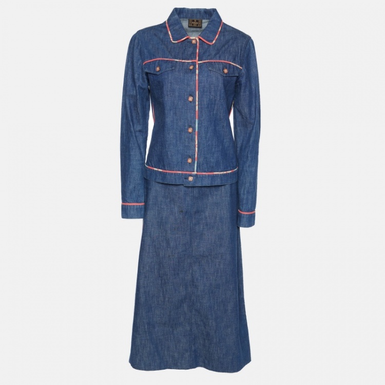Pre Owned Fendi Jeans Vintage Blue Denim Skirt & Jacket Set M