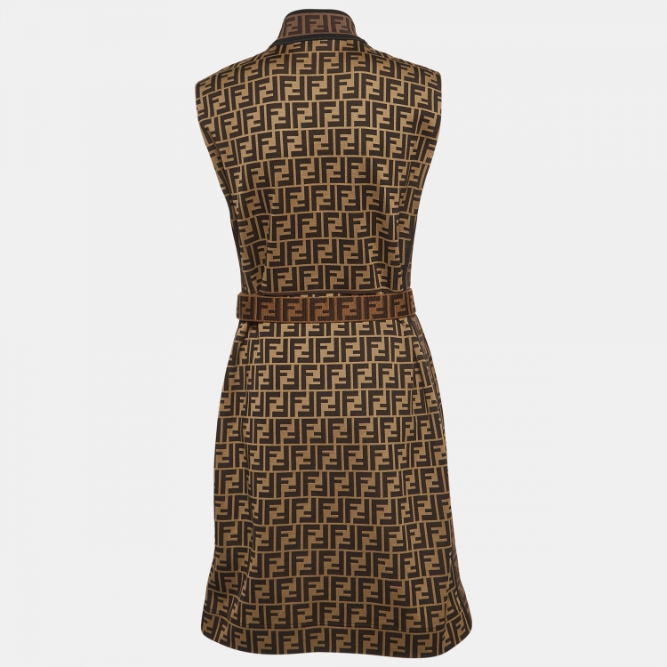 Pre Owned Fendi Brown Monogram Patterned Jersey Belted Mini Dress L