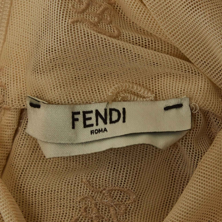 Pre Owned Fendi Beige FF Embroidered Mesh Bodysuit S