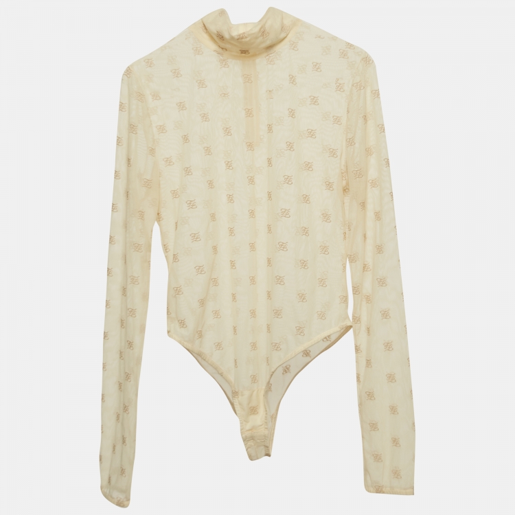 Pre Owned Fendi Beige FF Embroidered Mesh Bodysuit S