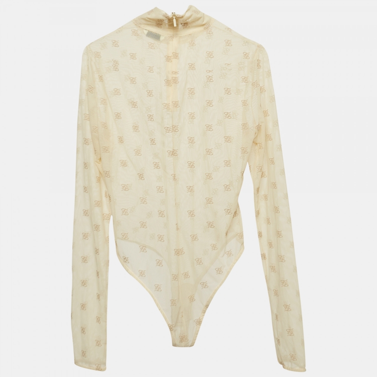 Pre Owned Fendi Beige FF Embroidered Mesh Bodysuit S