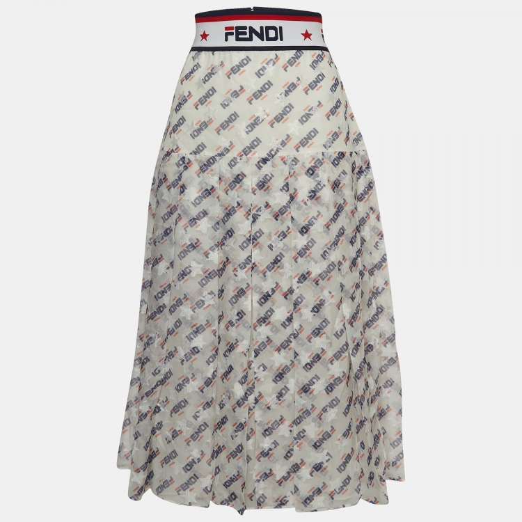 Pre Owned Fendi x Fila White Fendi Mania Print Silk Pleated Midi Skirt M