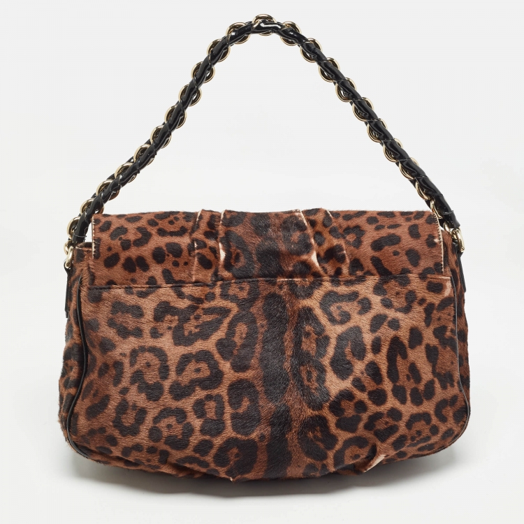 Pre Owned Fendi Black/Brown Leopard Print Calf Hair Mia Flap Shoulder Bag