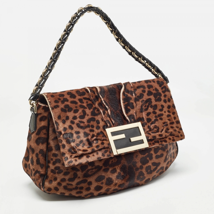 Pre Owned Fendi Black/Brown Leopard Print Calf Hair Mia Flap Shoulder Bag