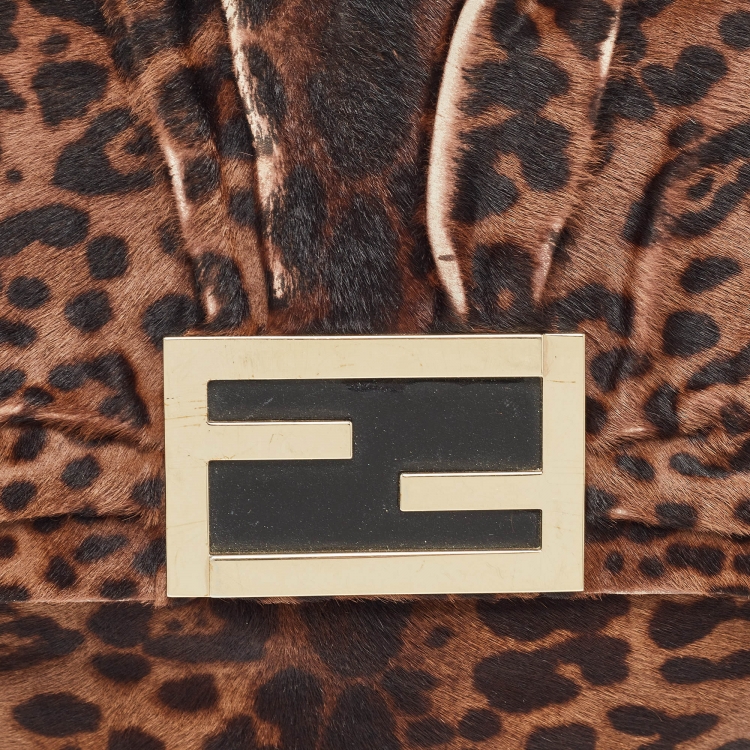 Pre Owned Fendi Black/Brown Leopard Print Calf Hair Mia Flap Shoulder Bag