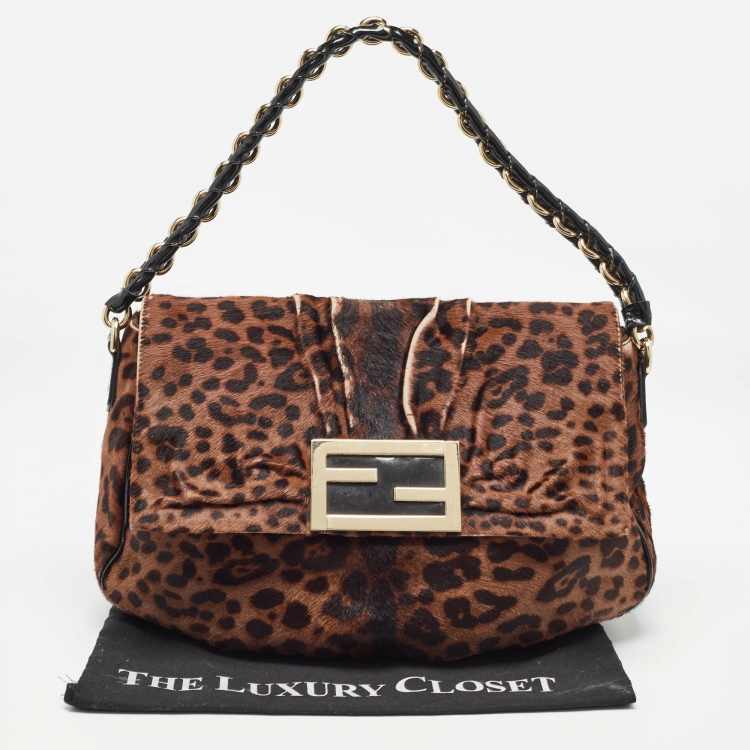 Pre Owned Fendi Black/Brown Leopard Print Calf Hair Mia Flap Shoulder Bag