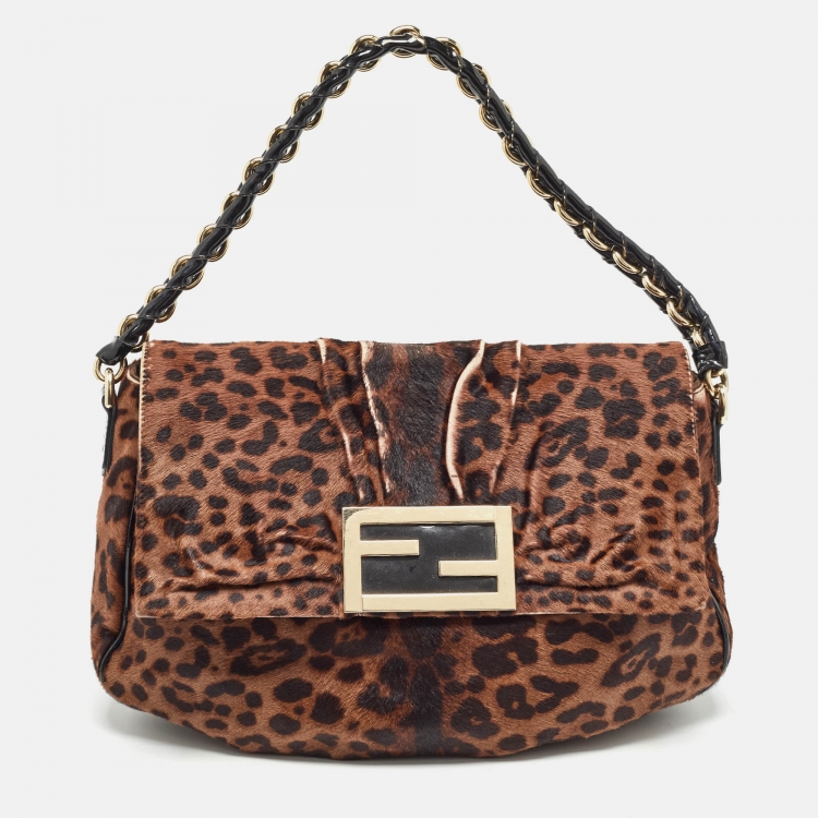 Pre Owned Fendi Black/Brown Leopard Print Calf Hair Mia Flap Shoulder Bag