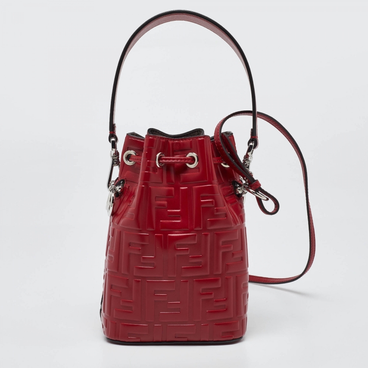 Pre Owned Fendi Red Zucca Leather Mini Mon Tresor Bucket Bag
