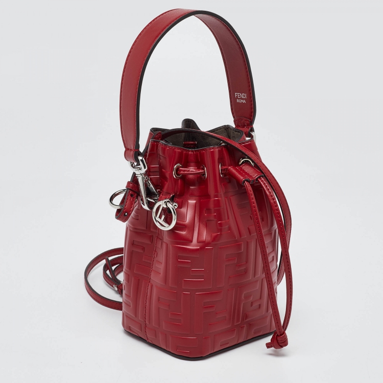 Pre Owned Fendi Red Zucca Leather Mini Mon Tresor Bucket Bag