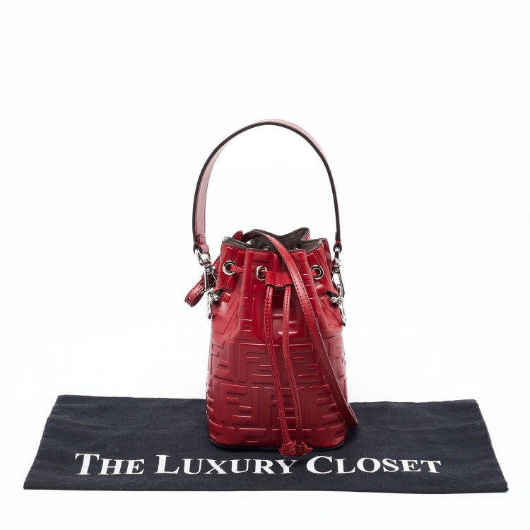 Pre Owned Fendi Red Zucca Leather Mini Mon Tresor Bucket Bag
