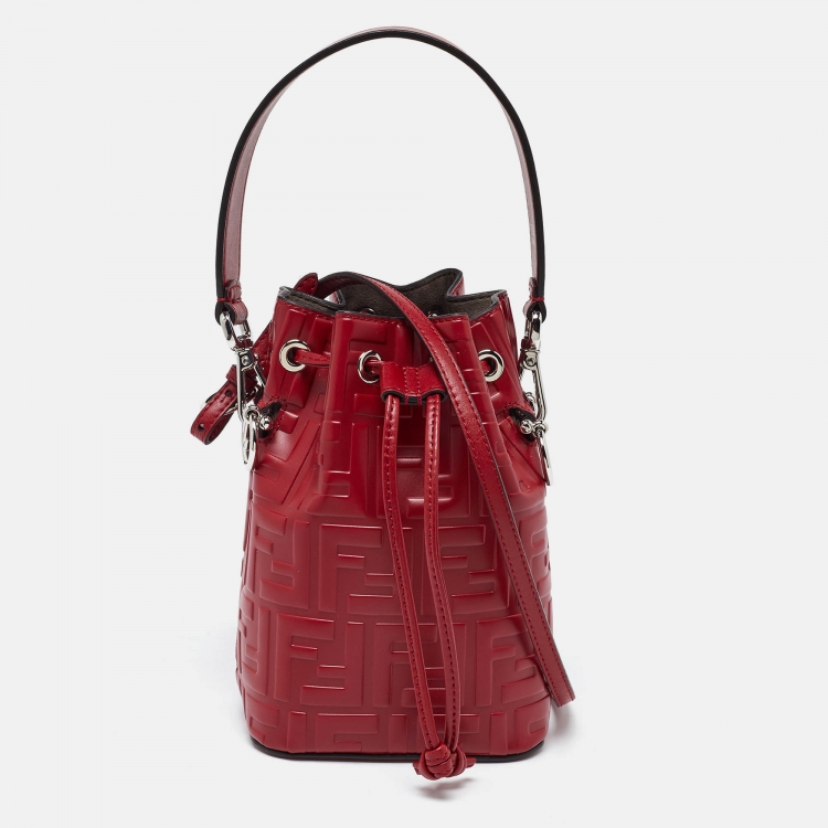 Pre Owned Fendi Red Zucca Leather Mini Mon Tresor Bucket Bag
