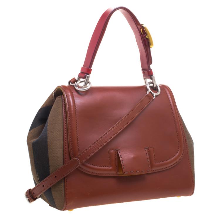Pre Owned Fendi Copper/Tobacco Leather and Pequin Canvas Silvana Top Handle Bag