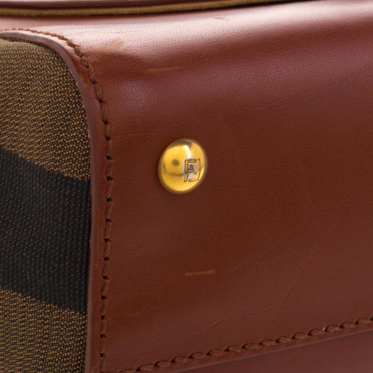 Pre Owned Fendi Copper/Tobacco Leather and Pequin Canvas Silvana Top Handle Bag