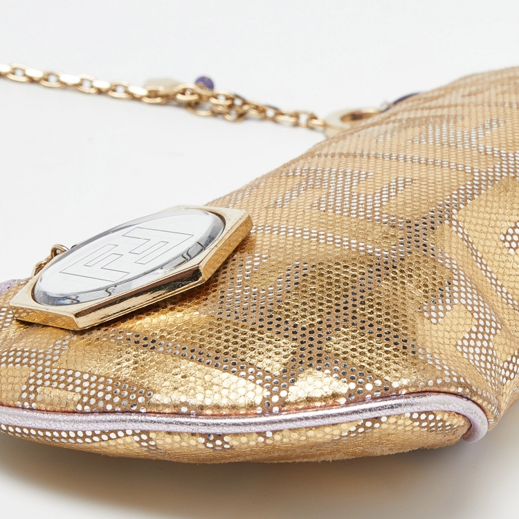 Pre Owned Fendi Gold/Lilac Zucca Suede and Leather Pochette Bag