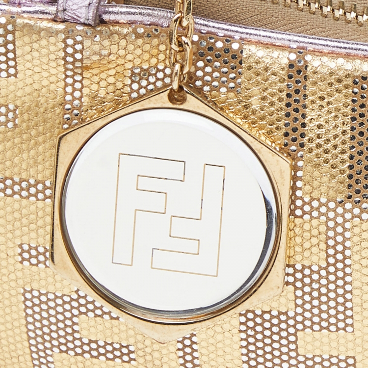 Pre Owned Fendi Gold/Lilac Zucca Suede and Leather Pochette Bag