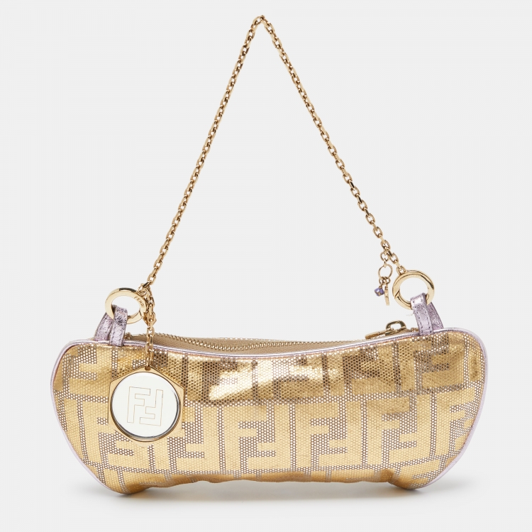 Pre Owned Fendi Gold/Lilac Zucca Suede and Leather Pochette Bag