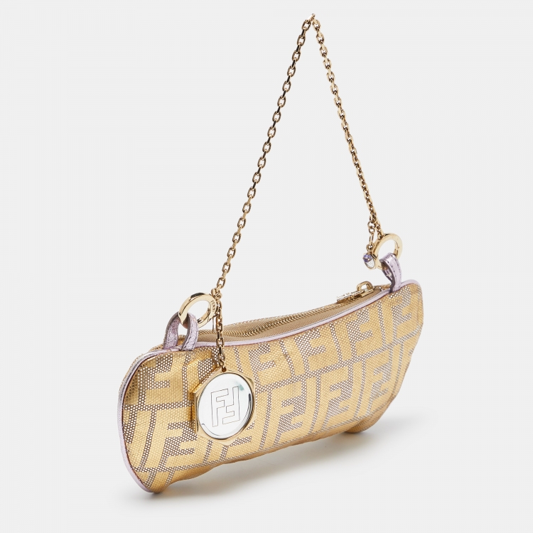 Pre Owned Fendi Gold/Lilac Zucca Suede and Leather Pochette Bag