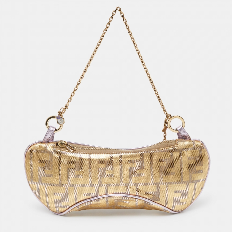 Pre Owned Fendi Gold/Lilac Zucca Suede and Leather Pochette Bag