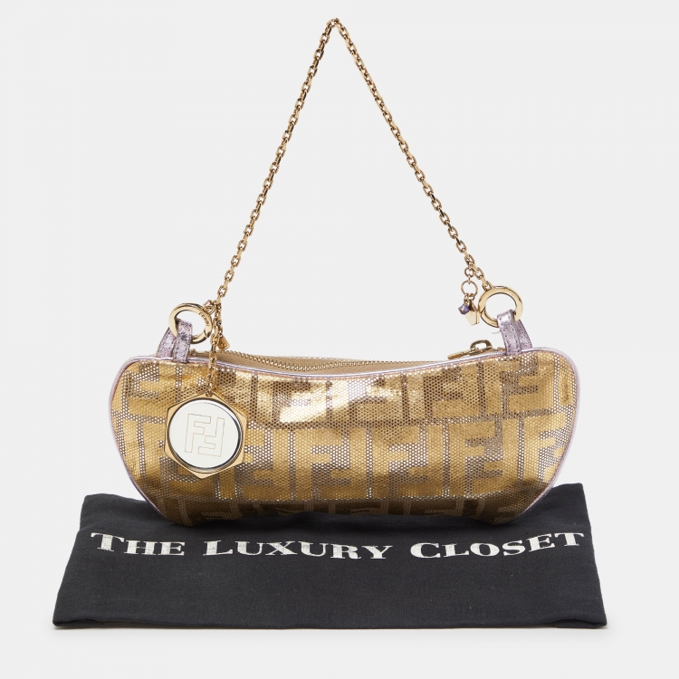 Pre Owned Fendi Gold/Lilac Zucca Suede and Leather Pochette Bag