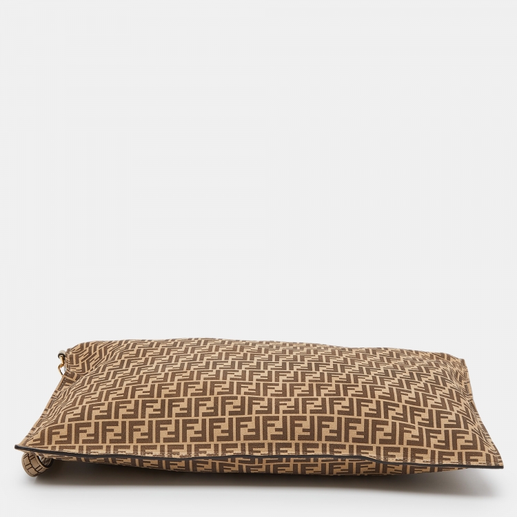 Pre Owned Fendi Beige/Brown Zucchino Suede Flat Wristlet Pouch